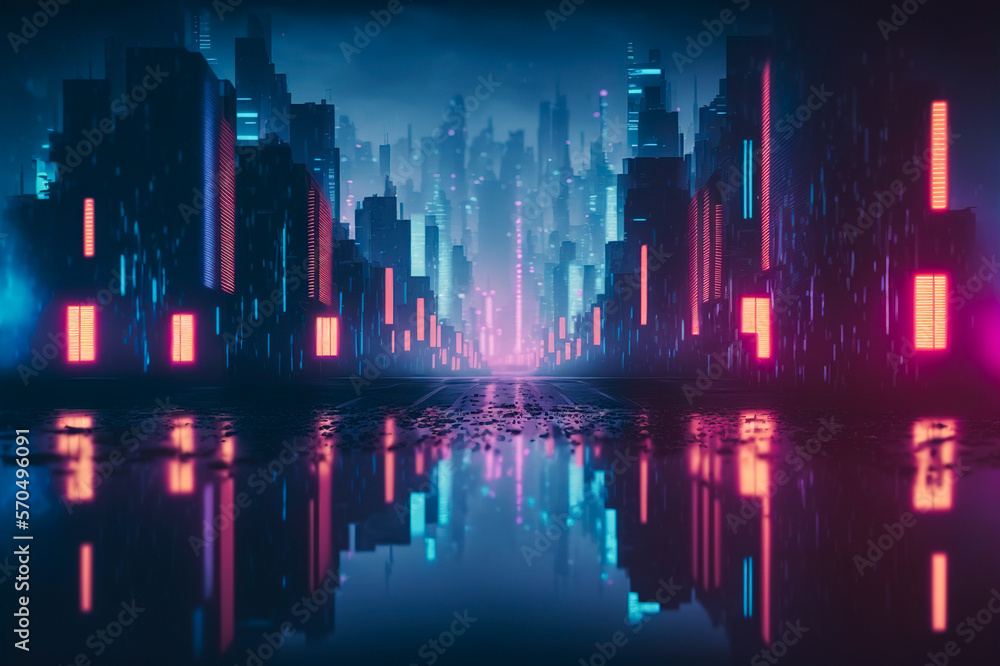 Futuristic city with neon light of pink and blue illuminated city street . Sublime Generative AI ima