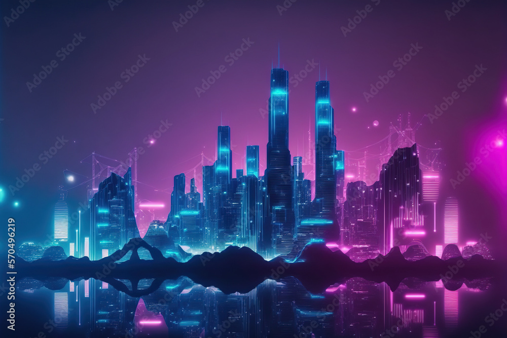 Futuristic city with neon light pink and blue illuminated skyline . Sublime Generative AI image .