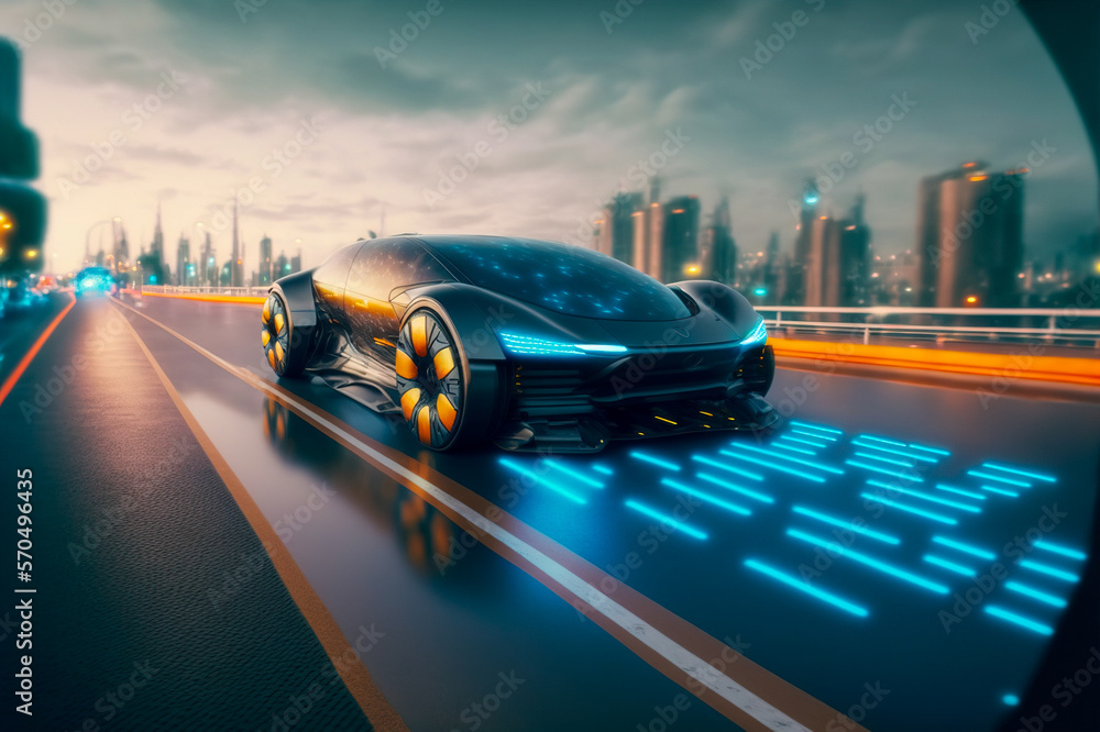 Fast electric car with luxury futuristic autonomous sensor software driving on road in downtown city