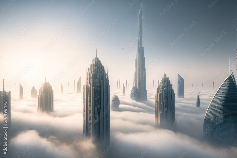 Top of skyscrapers building high above the clouds in the morning sunrise . Futuristic architecture o