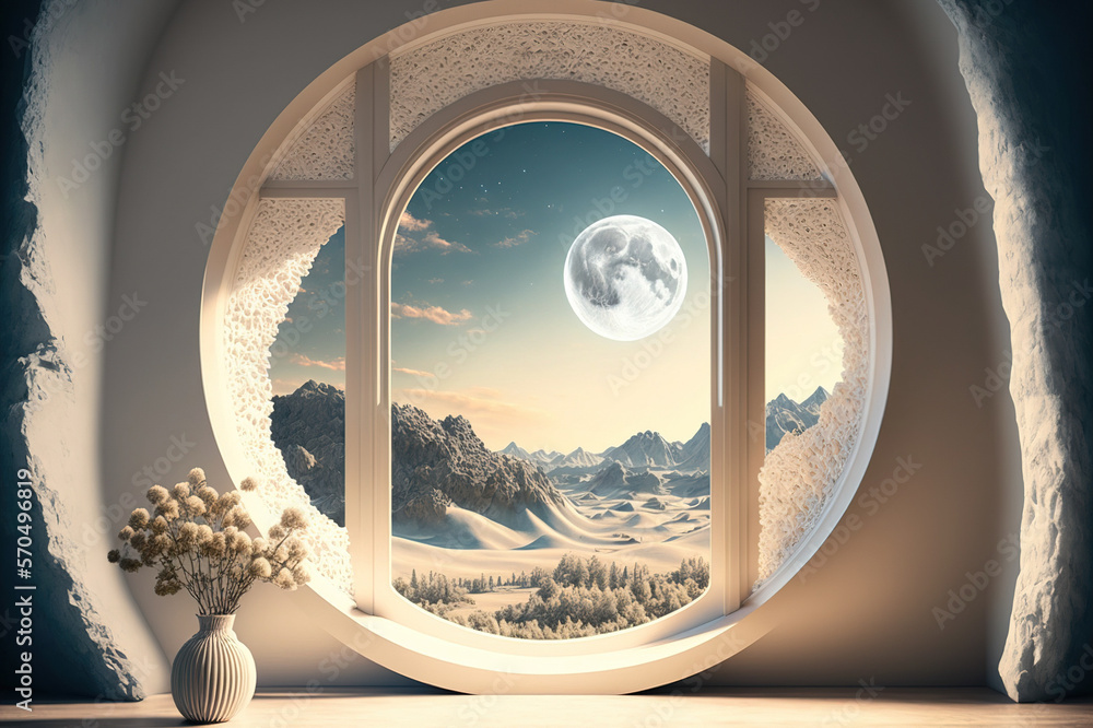 A room with round glass window overlooking beautiful landscape background . Hotel futuristic showroo