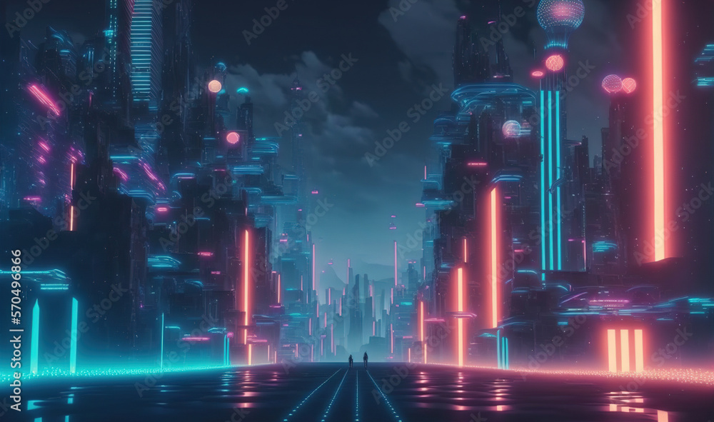 Futuristic city scene with neon light illuminated the dark fictional city street . Sublime Generativ