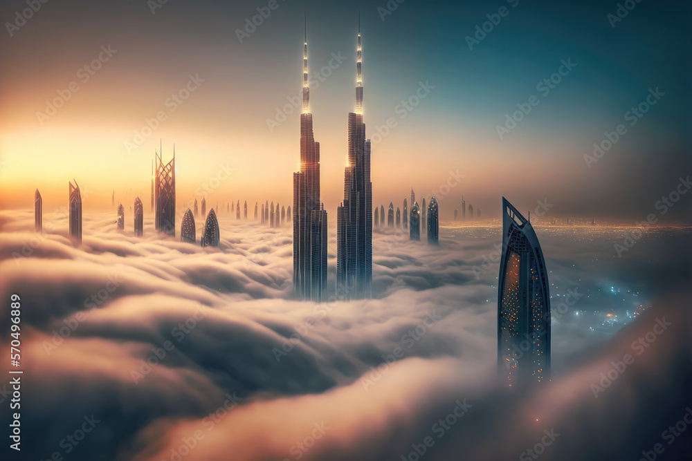 Top of skyscrapers building high above the clouds in the morning sunrise . Futuristic architecture o