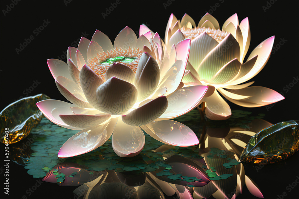 Dreamlike image of light glowing lotus flower or water lily with transparent pink illumination under