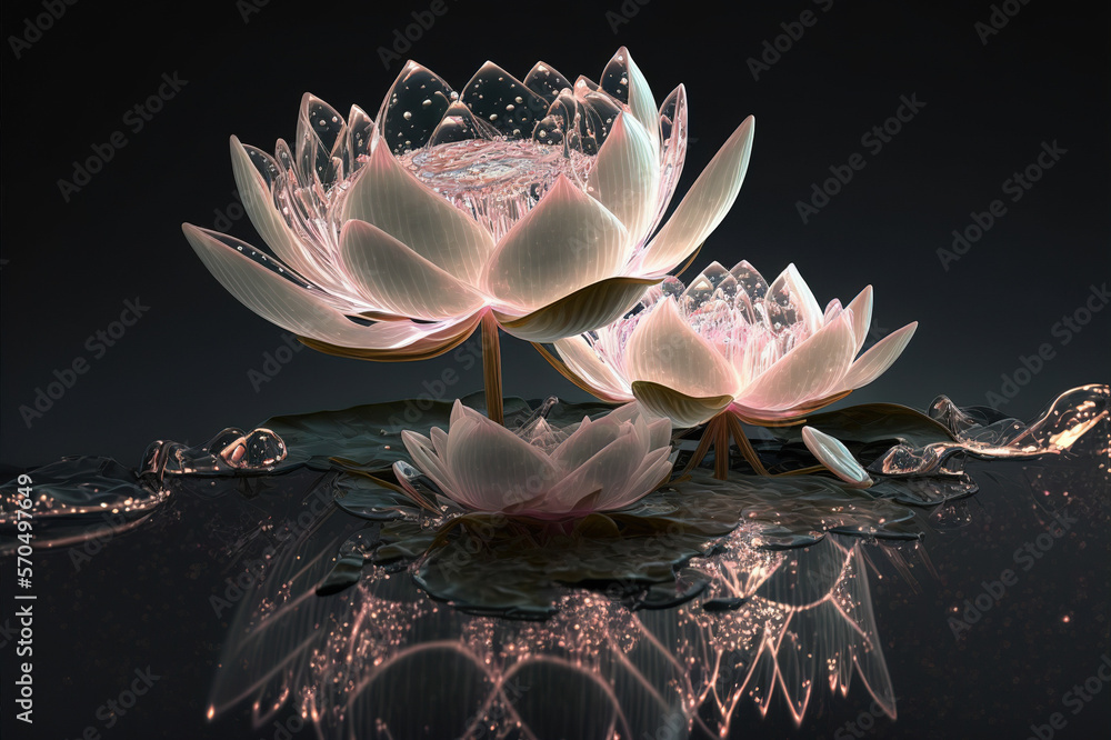 Dreamlike image of light glowing lotus flower or water lily with transparent pink illumination under