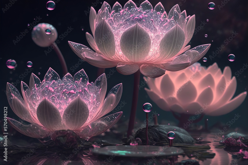 Dreamlike image of light glowing lotus flower or water lily with transparent pink illumination under