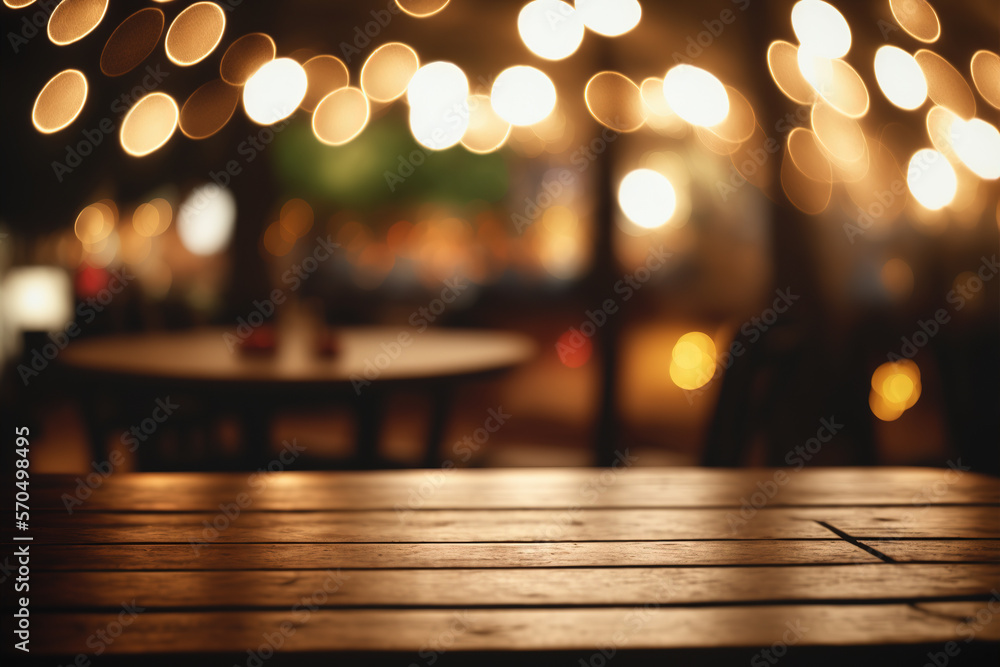 Empty wood table for product display in blur background of admirable restaurant at night