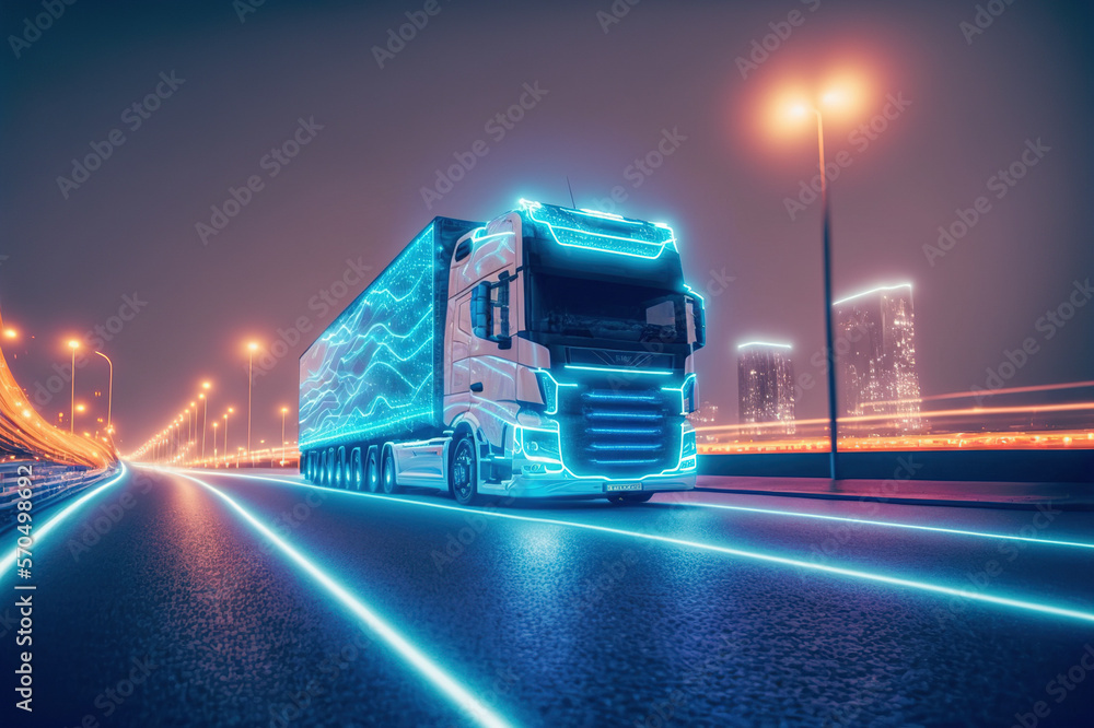 Self driving futuristic freight truck deliver goods to warehouse on city highway road with advanced 