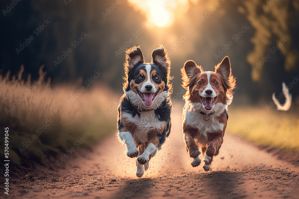 Happy dogs are running towards camera in outdoor activity . Sublime Generative AI image .