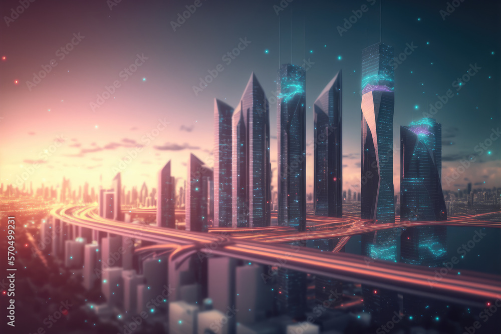 Smart city with communication network graphic connecting the city with wireless internet technology.