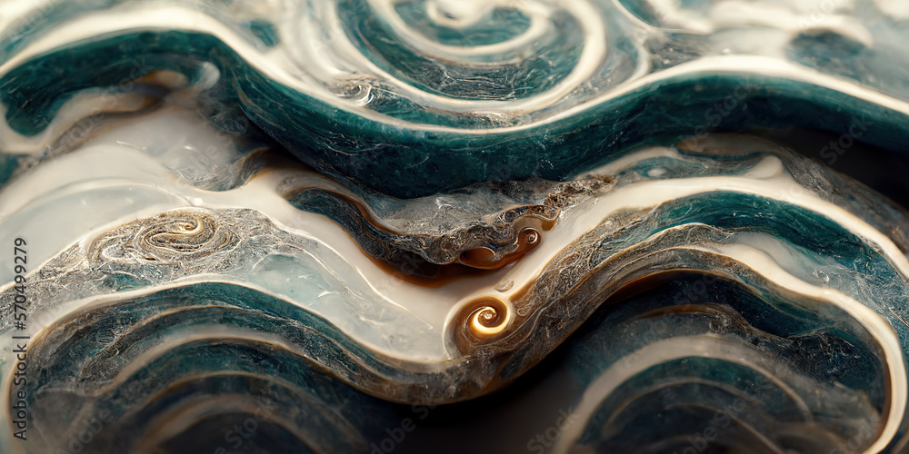 Sedate marco detailed luxurious ocean blue ripple pattern in agate form by alcohol ink. Swirled gold