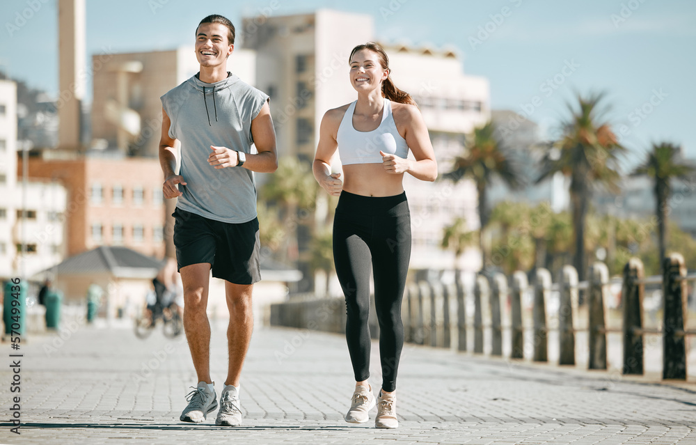 Couple, fitness and running together in the city for exercise, workout or cardio routine in Cape Tow