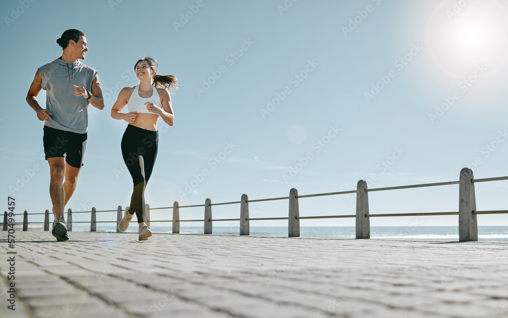 Couple, fitness and running by beach on mockup for exercise, workout or cardio routine together. Hap