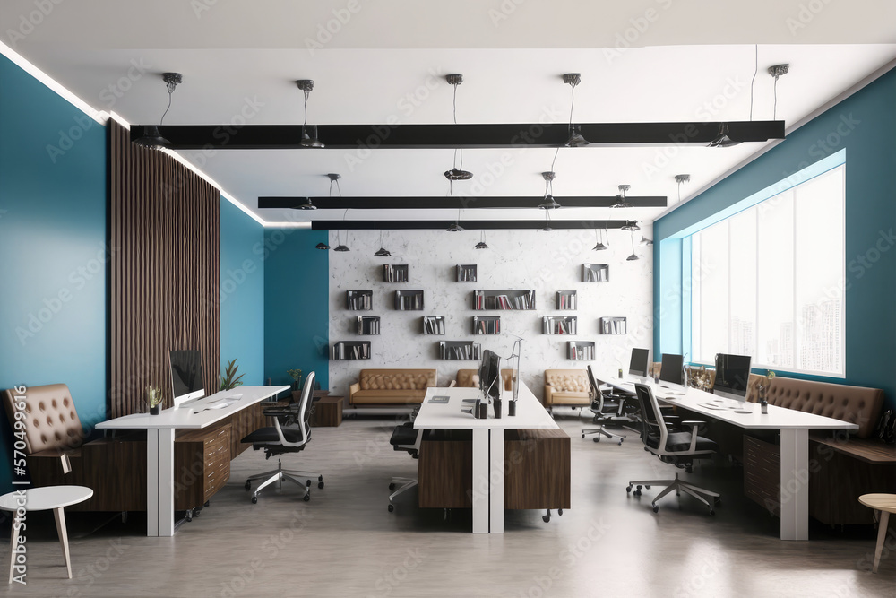 Modern office interior design . Contemporary workspace for creative business. Peculiar AI generative