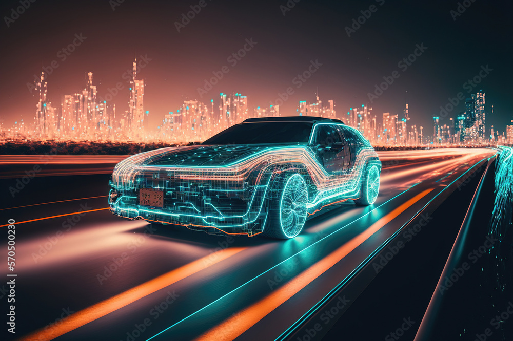 Racing sports car driving on urban city road with luxury digital technology . Sublime Generative AI 