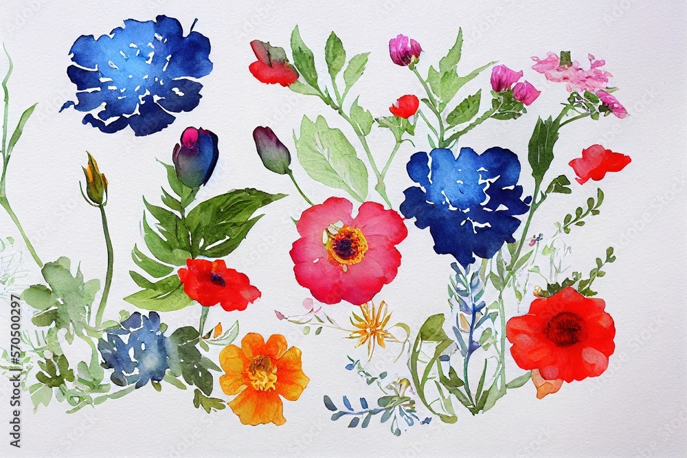 Flower bouquet set watercolor pieces of artwork design. Spring and summer flower nature in style of 