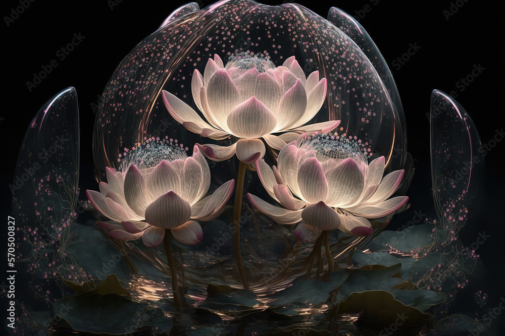 Dreamlike image of light glowing lotus flower or water lily with transparent pink illumination under