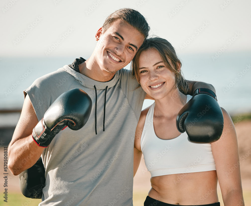 Couple, fitness and boxing exercise portrait outdoor in nature park for health and wellness. Woman a