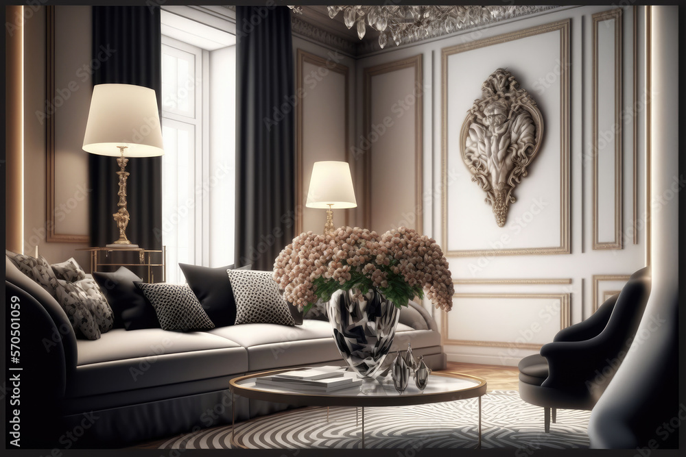 Luxury interior of home or hotel living room design with elegant retro stylish furniture decorated w