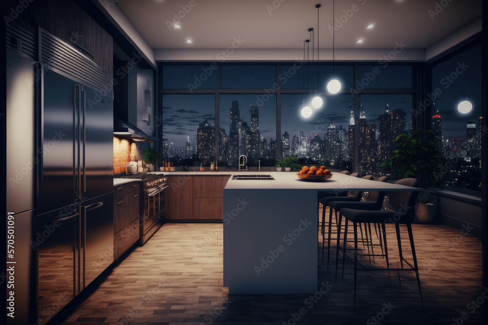 Luxury apartment kitchen at night . Luxury interior decoration design. Peculiar AI generative image.