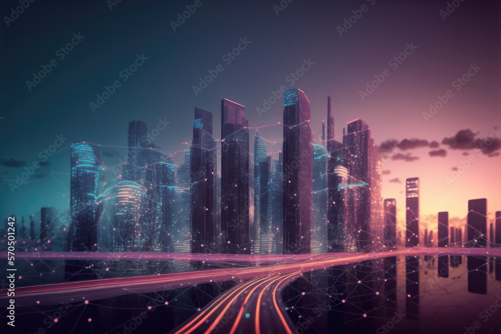 Smart city with communication network graphic connecting the city with wireless internet technology.