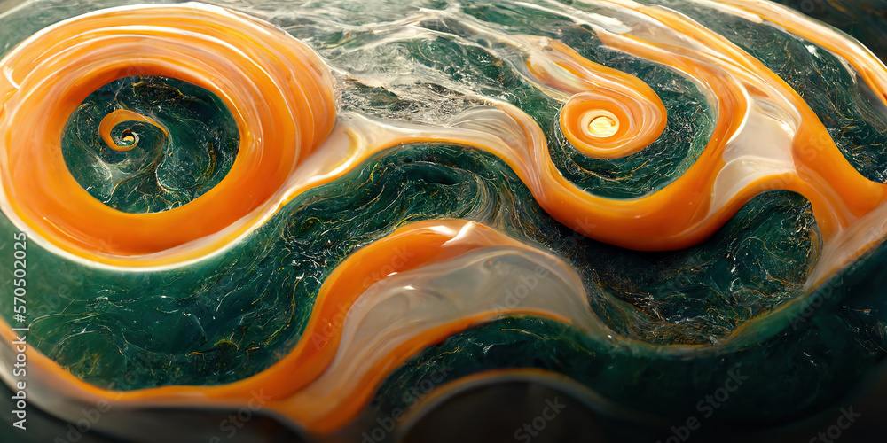 Sedate realistic marco detailed orange and teal alcohol ink ripples pattern in agate design. Closeup