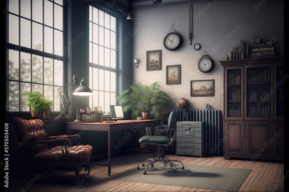 Antique home interior with working space and study desk in elegant room. Peculiar AI generative imag