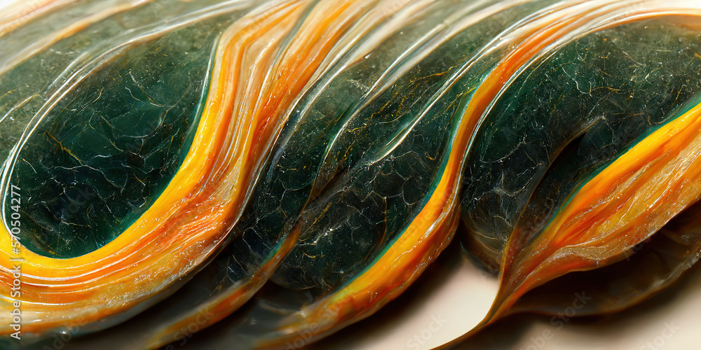 Sedate realistic marco detailed orange and teal alcohol ink ripples pattern in agate design. Closeup