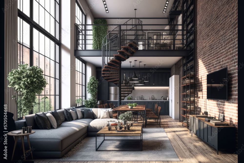 Luxury apartment decorated with industrial loft modern interior design. Peculiar AI generative image