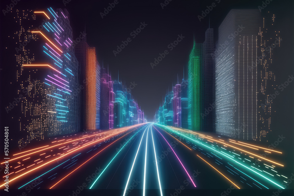 Abstract highway path through digital smart city graphic design. Peculiar AI generative image.