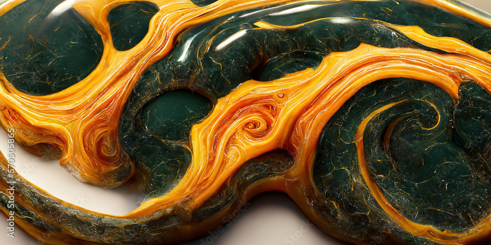 Sedate realistic marco detailed orange and teal alcohol ink ripples pattern in agate design. Closeup