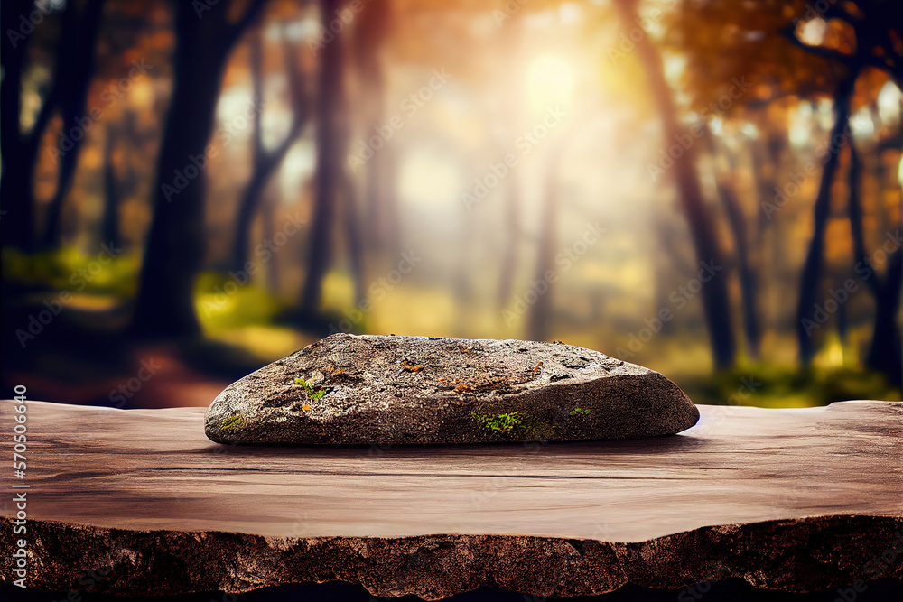 Empty stone table for product advertising display in fresh green jungle blur background . Admirable 