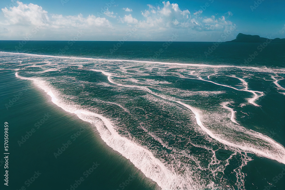 Spectacular aerial top view background photo of ocean sea water white wave splashing in the deep sea