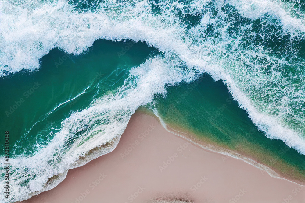 Spectacular top view from drone photo of beautiful pink beach with relaxing sunlight, sea water wave