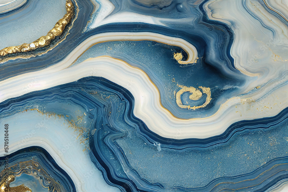 Abstract art background with a fluid marble blue and gold texture. Splendid generative AI luxury abs