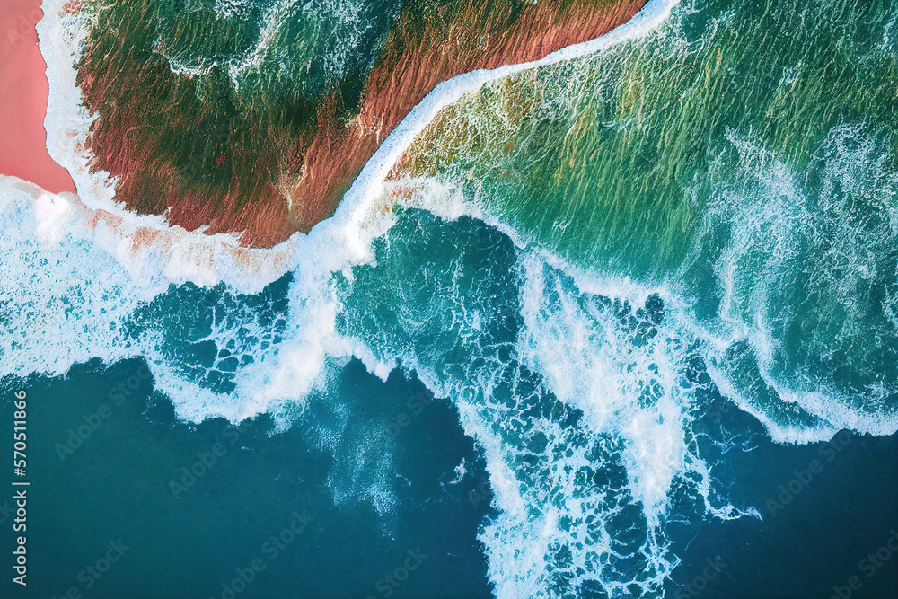 Spectacular top view from drone photo of beautiful pink beach with relaxing sunlight, sea water wave