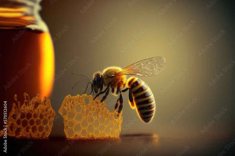 Bee and honey from close up view of nature insect. Peculiar AI generative image.