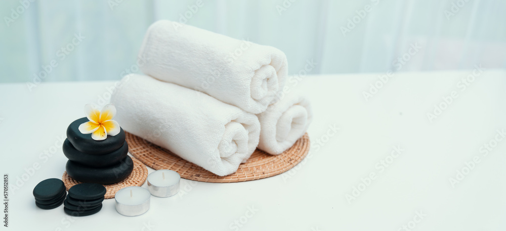 Spa accessory composition set in day spa hotel , beauty wellness center . Spa product are placed in 