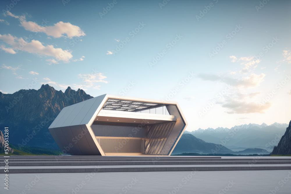 Futuristic architecture of modern hall entrance facade on high mountain top scenery with empty outdo