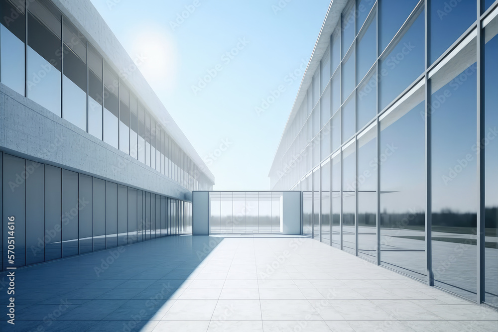 Modern architecture exterior of public hall entrance in urban building outdoor under bright sky with