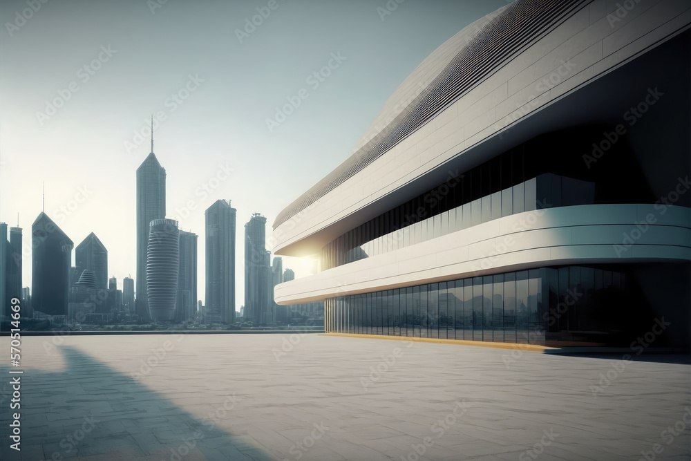 Modern architecture building design with empty concrete floor and urban city skyline in background s