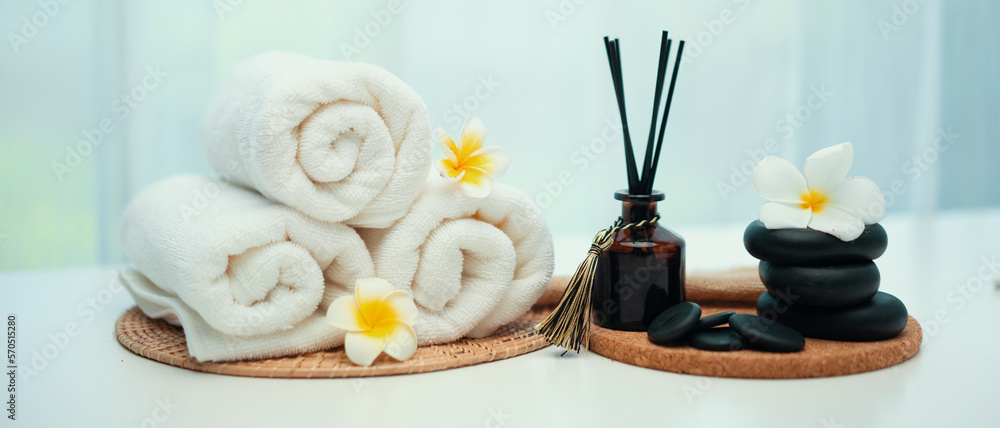 Spa accessory composition set in day spa hotel , beauty wellness center . Spa product are placed in 