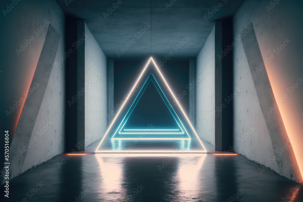 Concrete room with triangle portal illuminated by blue and orange neon light. Peculiar AI generative