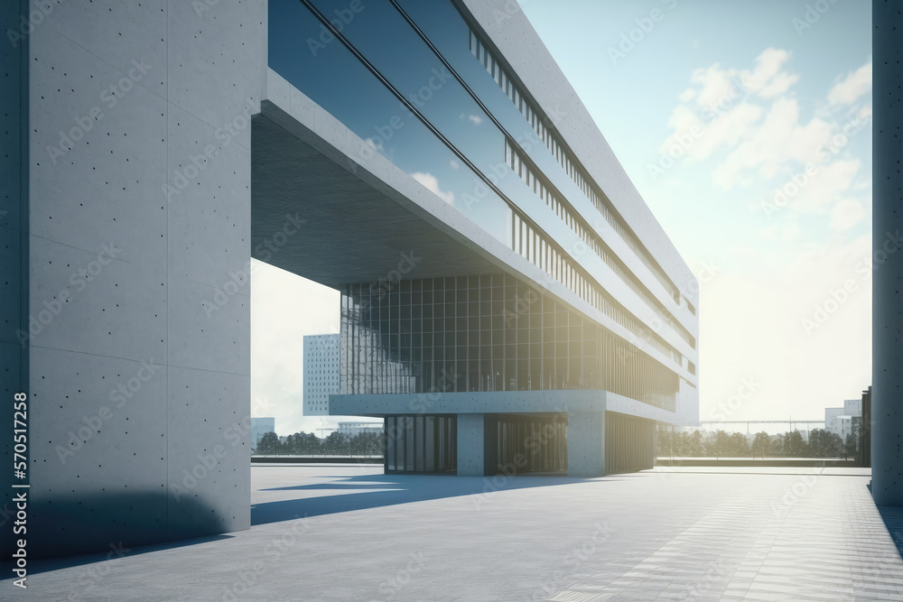 Modern architecture exterior of public hall entrance in urban building outdoor under bright sky with