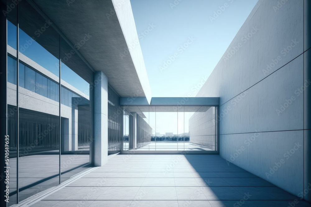 Modern architecture exterior of public hall entrance in urban building outdoor under bright sky with