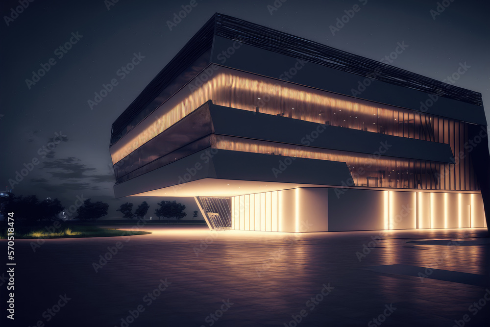 Office buildings and modern architecture at night. Peculiar AI generative image.