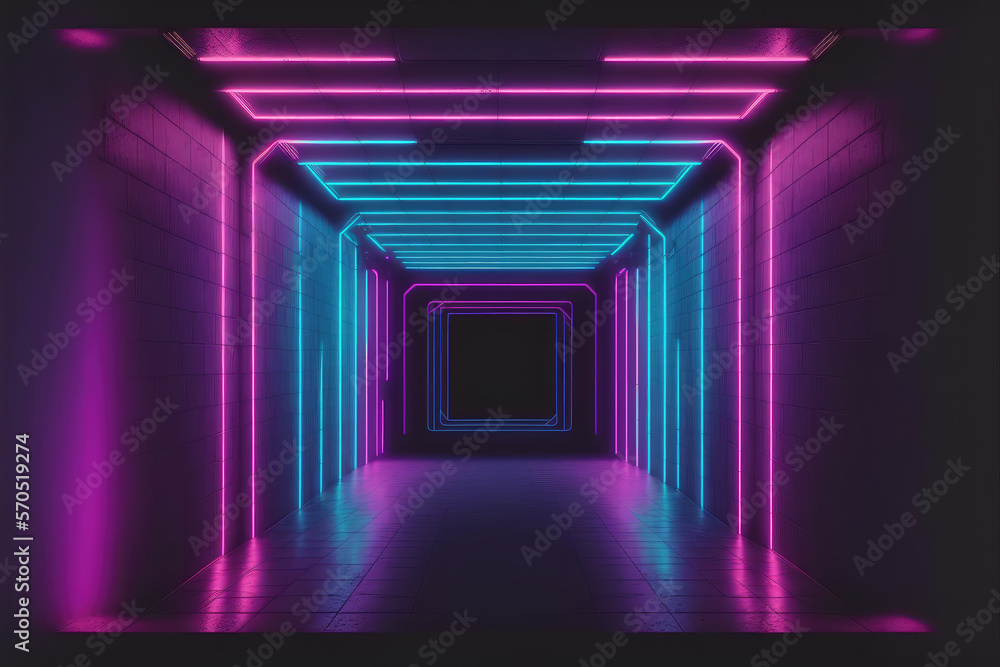 Neon light corridor tunnel with diminishing perspective view . Futuristic walking pathway. Peculiar 