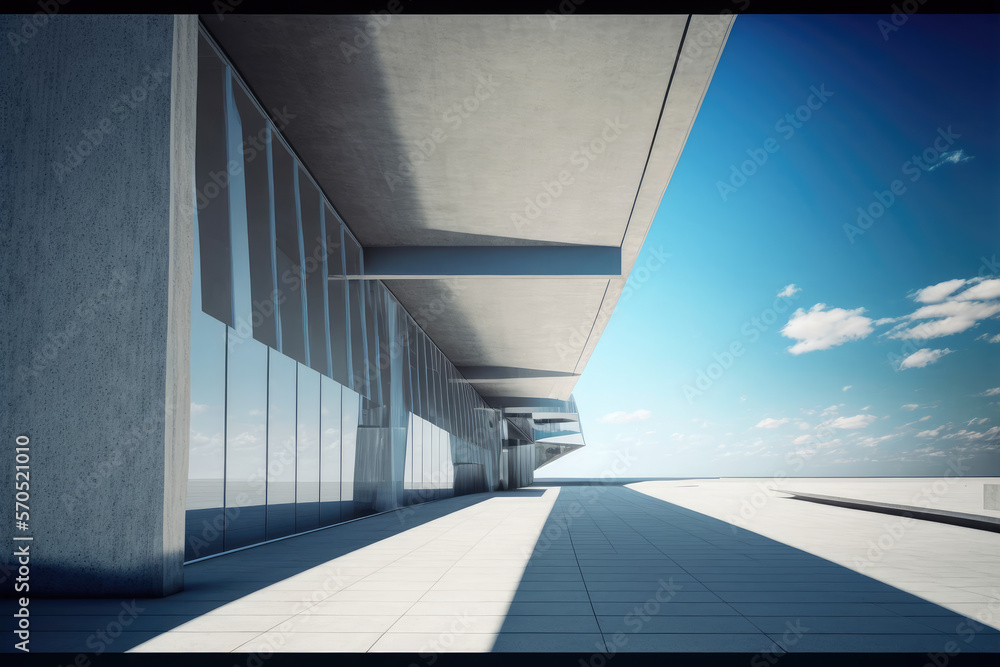 Modern architecture exterior of public hall entrance in urban building outdoor under bright sky with