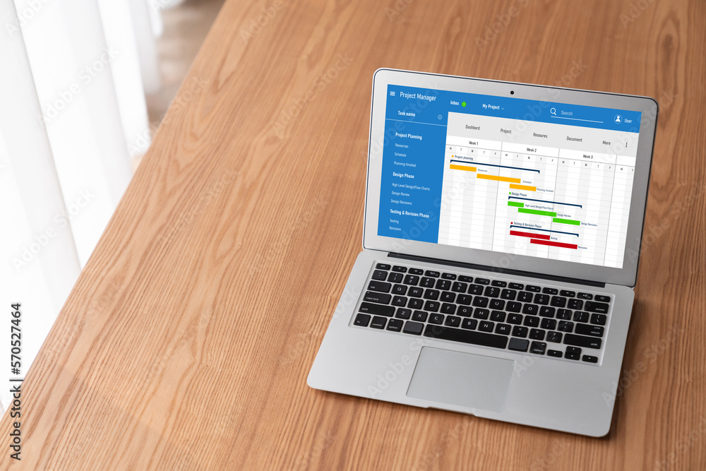 Project planning software for modish business project management on the computer screen showing time