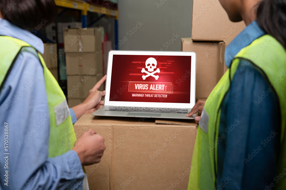 Computer with green screen display in warehouse storage room . Delivery and transportation software 